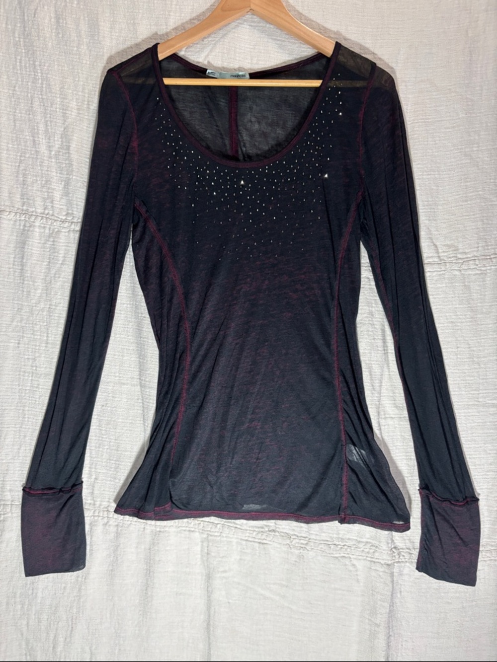 Maurices Black Long Sleeve Tee with Maroon Contrast and Stud Accents